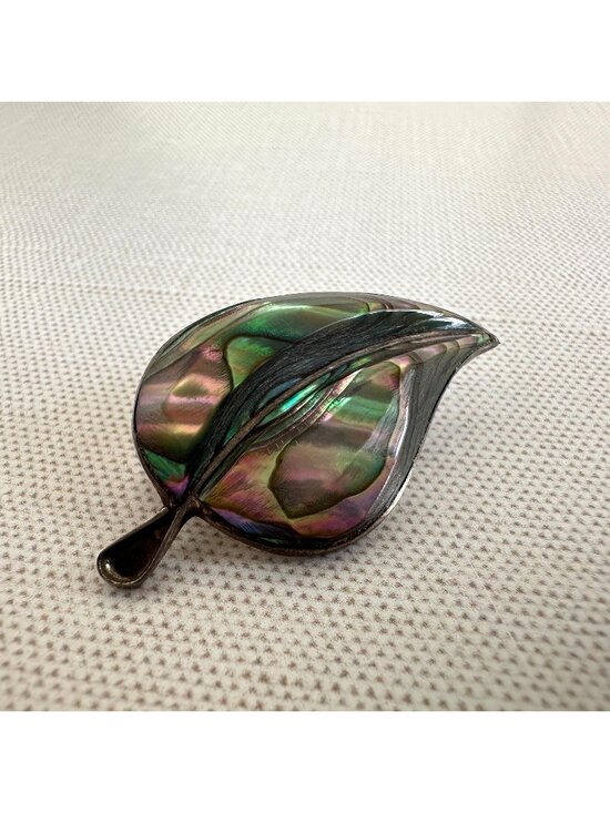 Vintage Sterling Silver 925 Mexico Abalone Shell Leaf Brooch  Mexico Sterling Silver Abalone Leaf Brooch Pin Eagle Mark 925 Vintage